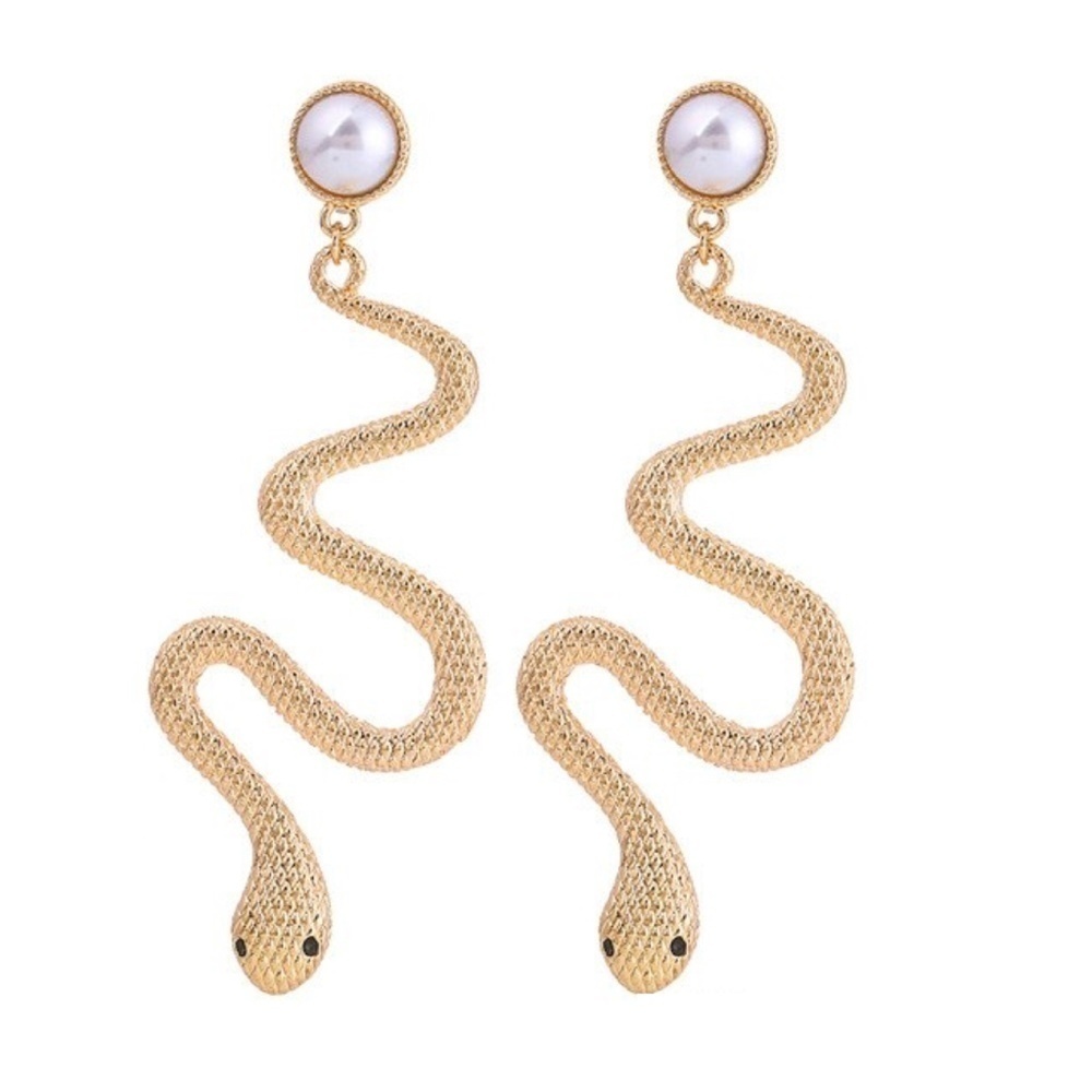 Goldtone Imitation Pearl Snake Drop Earrings